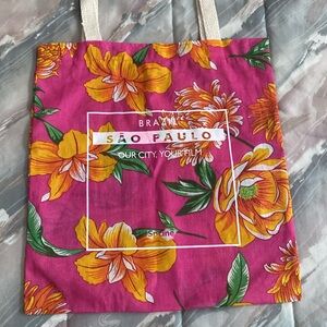 Colorful flowered cloth tote bag from Sao Paolo Brazil about 15.5 x 14.5 in NWOT